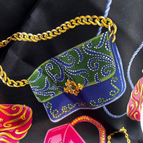 Vintage Talbots pure silk scarf black & gem tones large square handbags motif - Picture 8 of 10